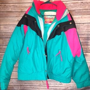 Women's Ski Jacket Bright Pink Retro Colorblock Ski Coat Size L 90s Black Teal